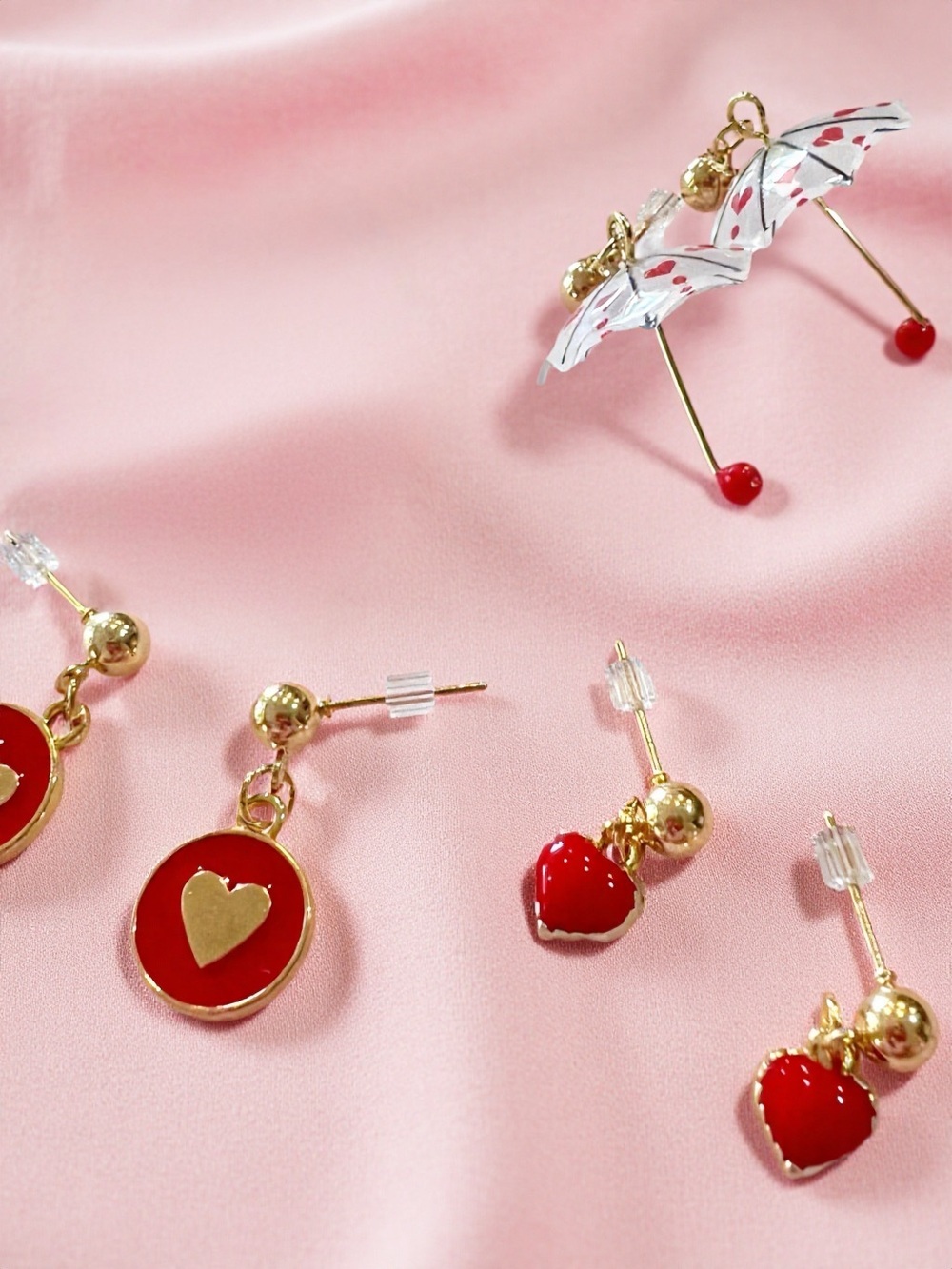 Teeny Tiny Umbrella Gold-Tone Red Hearts and Hearts Drop Earring Set of 3 - Picture 11 of 16